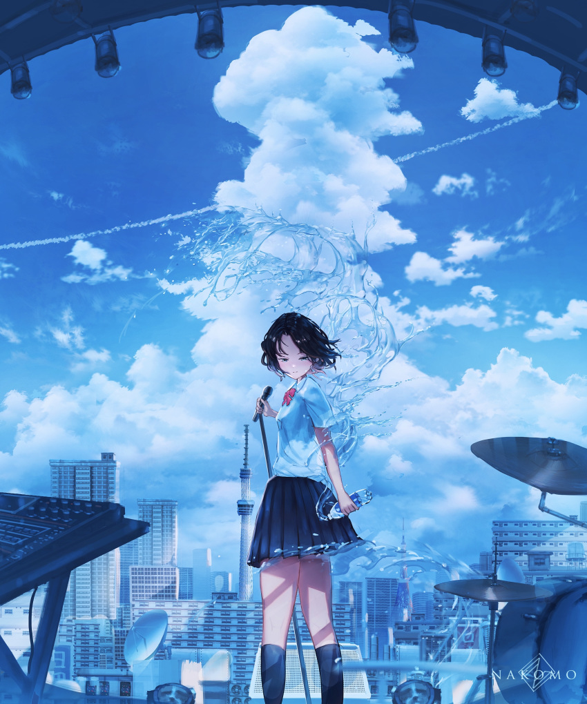 1girl absurdres amplifier artist_name black_hair blue_eyes blue_theme bottle bow bowtie breasts building city clouds cloudy_sky condensation_trail drum drum_set fisheye from_behind highres instrument kenzo_093 kneehighs looking_back microphone microphone_stand original outdoors pleated_skirt satellite_dish scenery school_uniform short_hair skirt sky small_breasts smirk solo soundboard stage tower water water_bottle