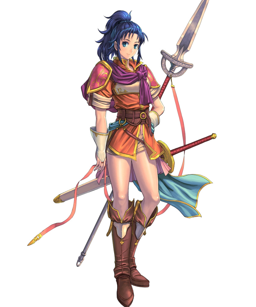 1girl armor bangs blue_eyes blue_hair boots fire_emblem fire_emblem:_new_mystery_of_the_emblem fire_emblem_heroes highres izuka_daisuke kris_(fire_emblem) long_hair looking_at_viewer official_art polearm ponytail shiny shiny_hair smile solo spear standing sword tied_hair weapon