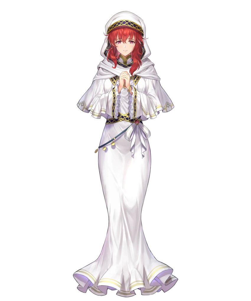 1girl dress fire_emblem fire_emblem:_mystery_of_the_emblem fire_emblem_heroes full_body hands_together highres holding kousei_horiguchi lena_(fire_emblem) long_hair looking_at_viewer official_art red_eyes redhead smile solo staff transparent_background white_dress