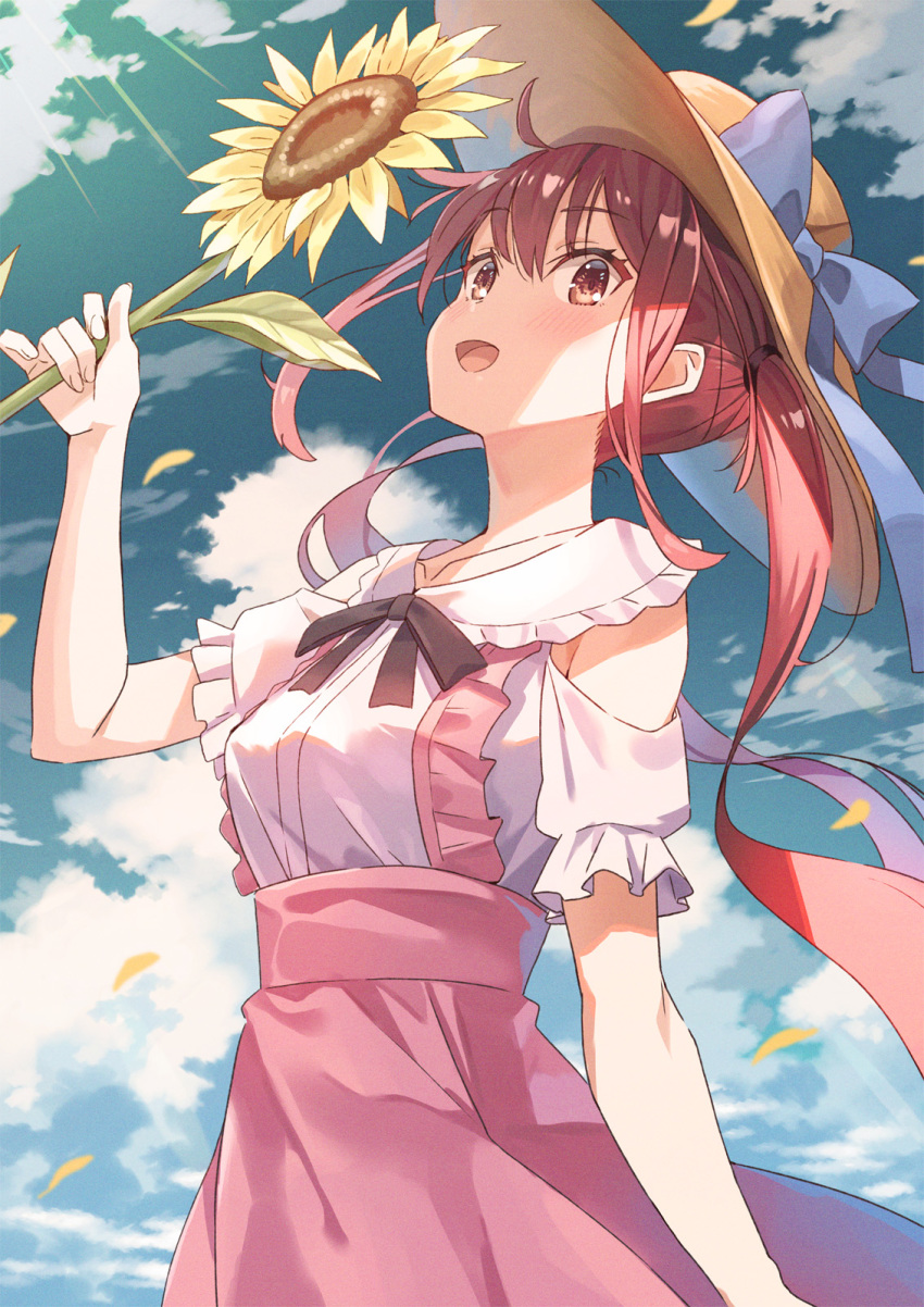 1girl :d bangs black_neckwear bow brown_eyes clouds eyebrows_visible_through_hair flower frilled_shirt_collar frilled_sleeves frills hat hat_bow hat_ribbon highres holding holding_flower koh_rd looking_at_viewer open_mouth original overall_skirt petals pink_skirt redhead ribbon shirt sidelocks skirt sky smile solo sun_hat sunflower twintails white_shirt