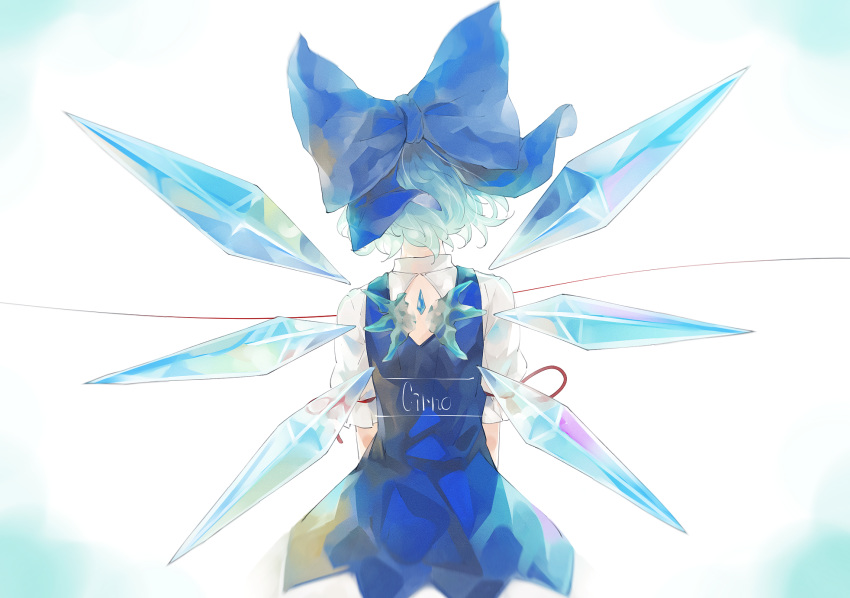 1girl blouse blue_dress blue_hair blue_ribbon bow cirno dress dress_shirt fairy_wings from_behind frozen hair_bow highres ice ice_wings o_(crazyoton46) puffy_short_sleeves puffy_sleeves ribbon shirt short_hair short_sleeves solo string string_of_fate thread touhou white_blouse white_shirt wings