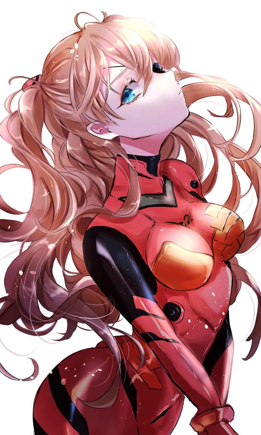1girl absurdres ahoge bangs beni_ttt blue_eyes bodysuit breasts brown_hair commentary_request eyepatch from_side hair_ornament highres long_hair looking_at_viewer multicolored neon_genesis_evangelion pilot_suit plugsuit red_bodysuit shikinami_asuka_langley simple_background solo souryuu_asuka_langley white_background