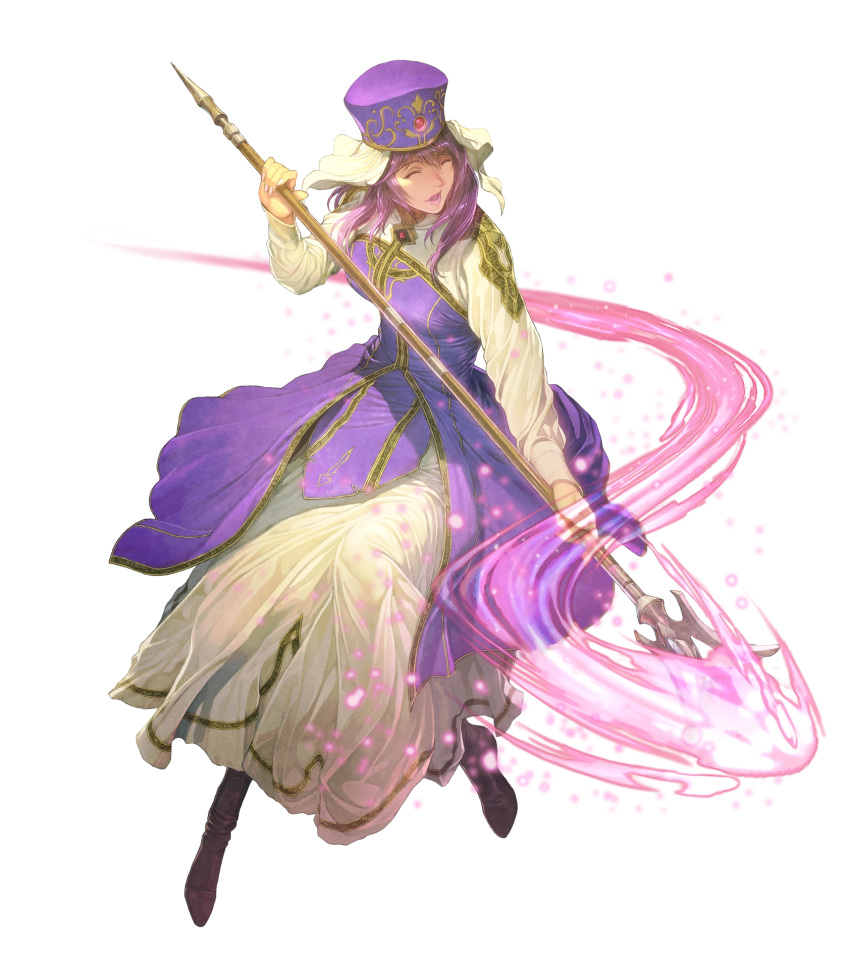 1girl bangs closed_eyes dress eremiya fire_emblem fire_emblem:_mystery_of_the_emblem fire_emblem_heroes full_body hat highres holding homare_(fool's_art) lips long_hair long_sleeves official_art open_mouth purple_hair smile solo transparent_background
