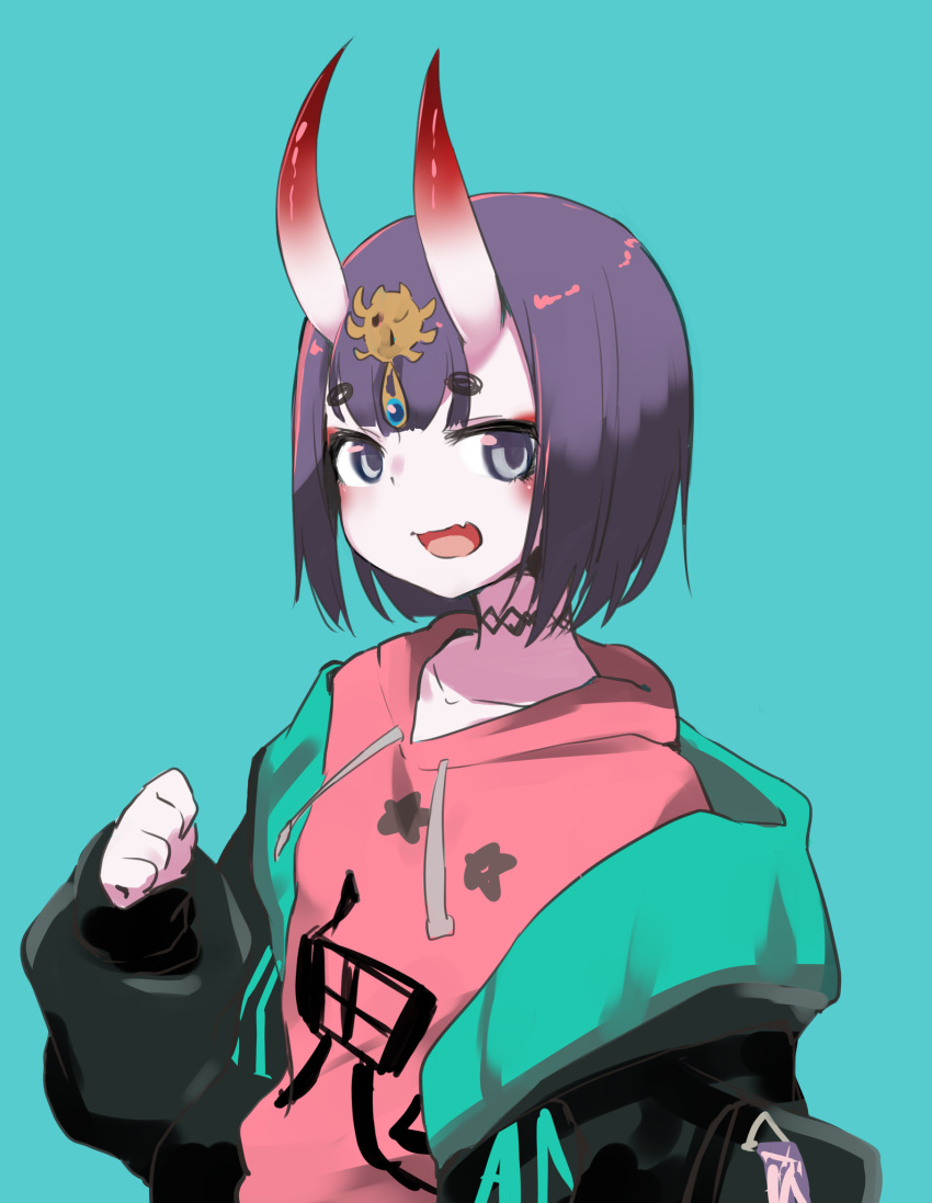 1girl bangs black_jacket blue_background blue_jacket blush bob_cut breasts choker collarbone contemporary dai_yasude drawstring eyeliner fate/grand_order fate_(series) headpiece highres horns jacket long_sleeves looking_at_viewer makeup off_shoulder oni oni_horns open_clothes open_jacket open_mouth pink_sweater purple_hair short_hair shuten_douji_(fate/grand_order) simple_background skin-covered_horns small_breasts smile sweater two-tone_jacket violet_eyes