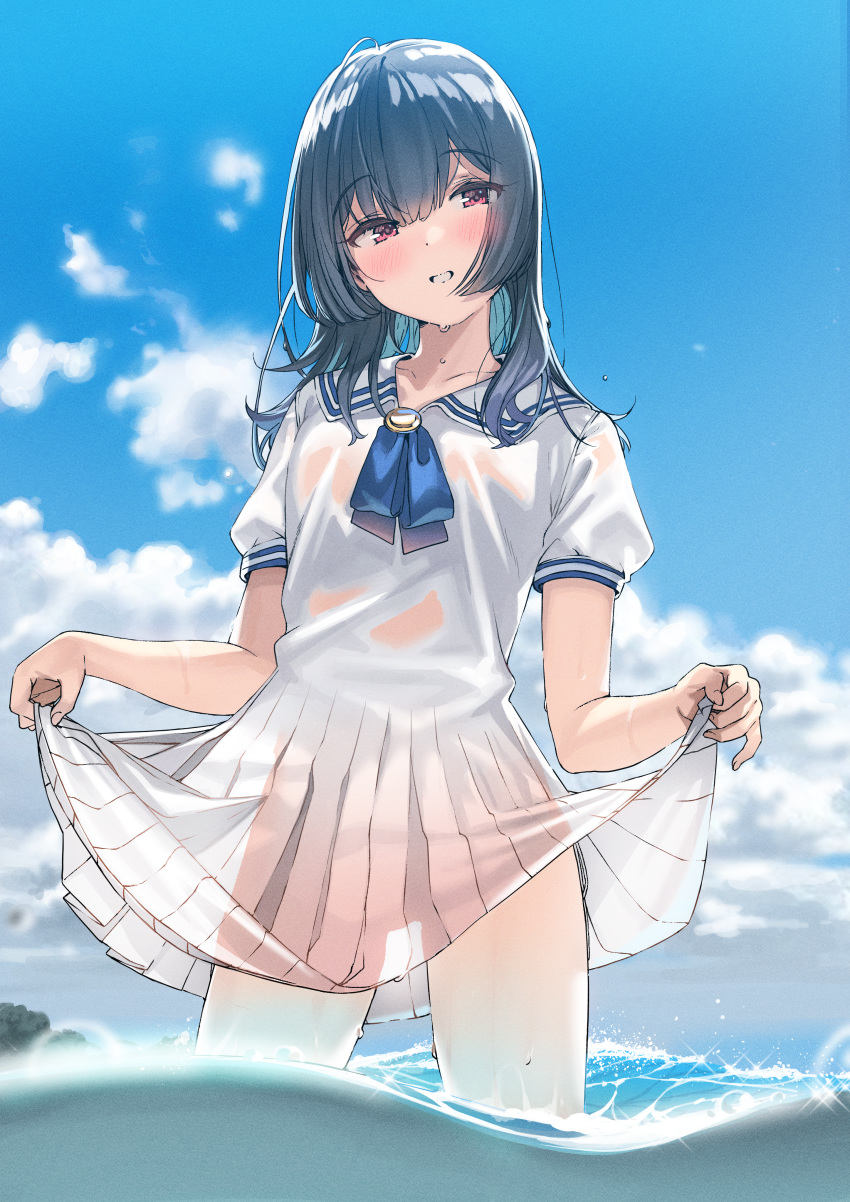 1girl absurdres bangs blue_hair blue_neckwear blue_sky clouds cloudy_sky day dress eyebrows_visible_through_hair grin highres huge_filesize idolmaster idolmaster_shiny_colors kanzarin_(hoochikiss) medium_hair morino_rinze neckerchief ocean outdoors puffy_short_sleeves puffy_sleeves red_eyes sailor_collar sailor_dress see-through short_sleeves skirt_hold sky smile solo standing teeth wading water wet white_dress