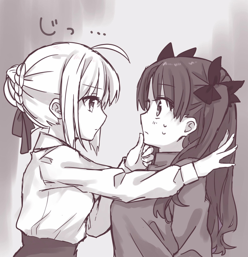 2girls ahoge artoria_pendragon_(all) blush braid eye_contact fate/stay_night fate_(series) french_braid from_side greyscale hair_between_eyes highres long_hair looking_at_another monochrome multiple_girls saber sidelocks sweat tanka_kikurage tohsaka_rin touching_another's_chin wall_slam yuri
