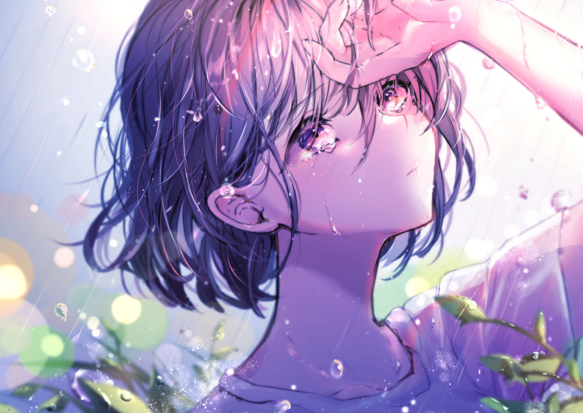 1girl beni_ttt black_hair blurry blurry_background brown_hair collarbone commentary_request face highres long_neck looking_up original pink_eyes plant rain shirt short_hair short_sleeves solo tears water_drop white_shirt