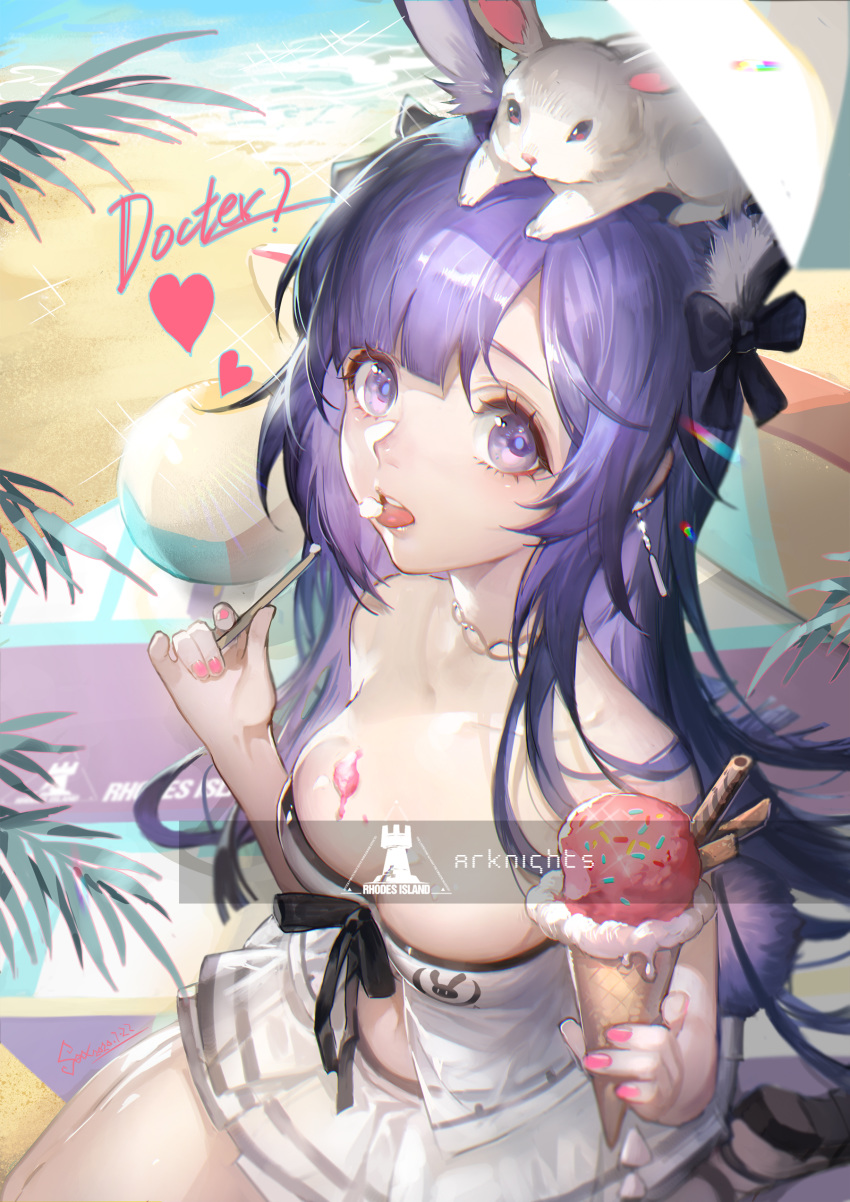 1girl absurdres animal_ear_fluff animal_ears animal_on_head arknights bangs bare_shoulders beach bikini bikini_skirt black_bow bow bunny_tail chinese_commentary commentary_request food hair_bow heart highres holding holding_food ice_cream ice_cream_cone long_hair looking_at_viewer nail_polish on_head open_mouth outdoors pink_nails purple_hair rabbit rabbit_ears rhodes_island_logo rope_(arknights) sitting spade-m strapless strapless_bikini swimsuit tail tongue tongue_out violet_eyes white_bikini