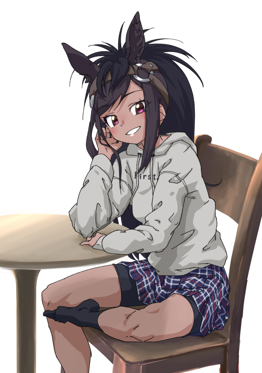 1girl absurdres alternate_costume animal_ears bike_shorts black_legwear brown_eyes brown_hair brown_thoroughbred_(kemono_friends) casual commentary_request drawstring extra_ears eyebrows_visible_through_hair grey_hoodie headgear highres hood hood_down hoodie horse_ears horse_girl kemono_friends kemono_friends_3 long_hair long_sleeves looking_at_viewer no_shoes plaid plaid_skirt pleated_skirt ponytail shorts shorts_under_skirt skirt smile socks solo tanabe_(fueisei)