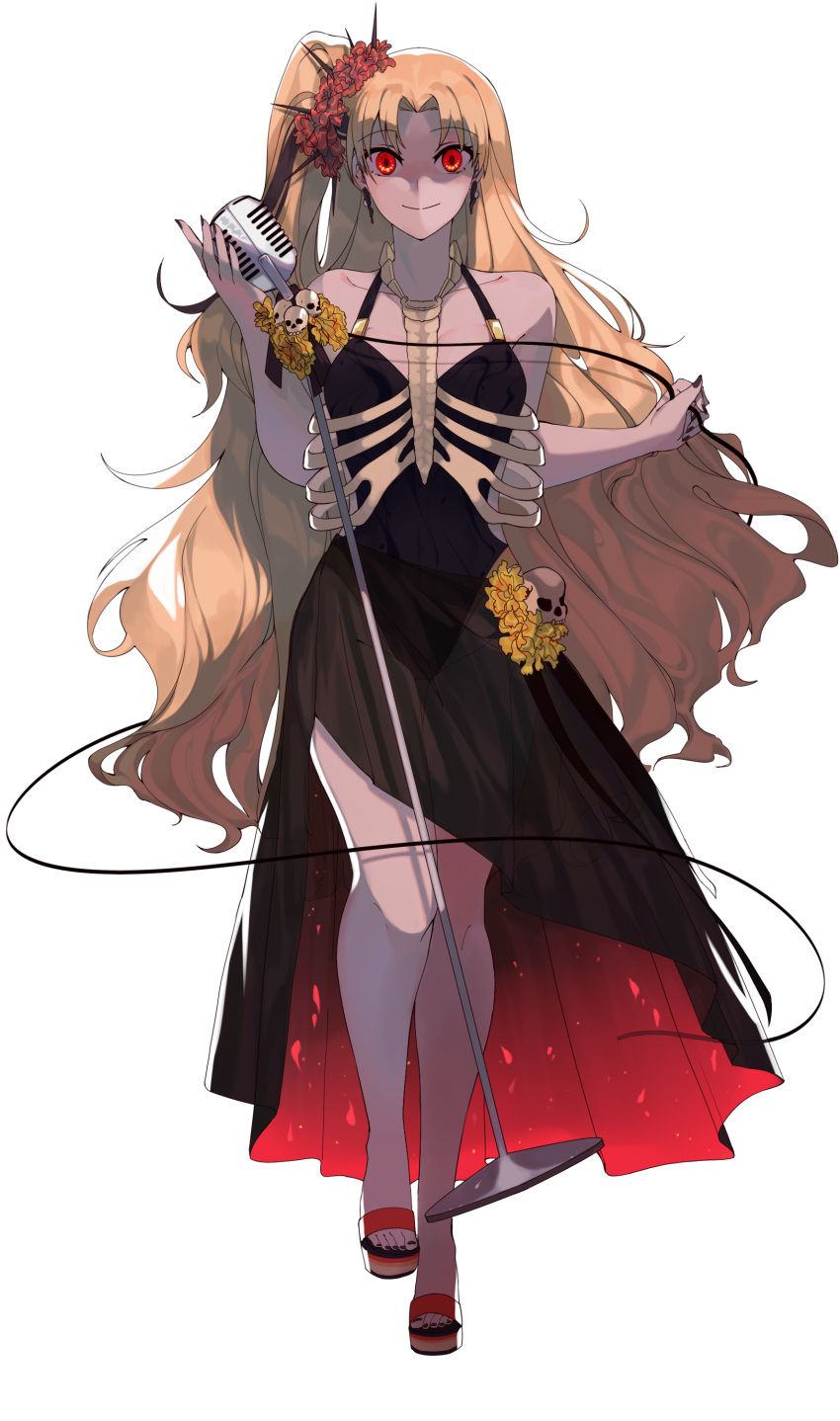 1girl absurdres bare_shoulders black_dress black_nails blonde_hair bone dress earrings ereshkigal_(fate/grand_order) fate/grand_order fate_(series) flower hair_ornament highres jewelry legs long_hair microphone ponytail red_eyes red_flower red_footwear shaded_face side_ponytail skull smile transparent_background wavy_hair wiltedattention yellow_flower