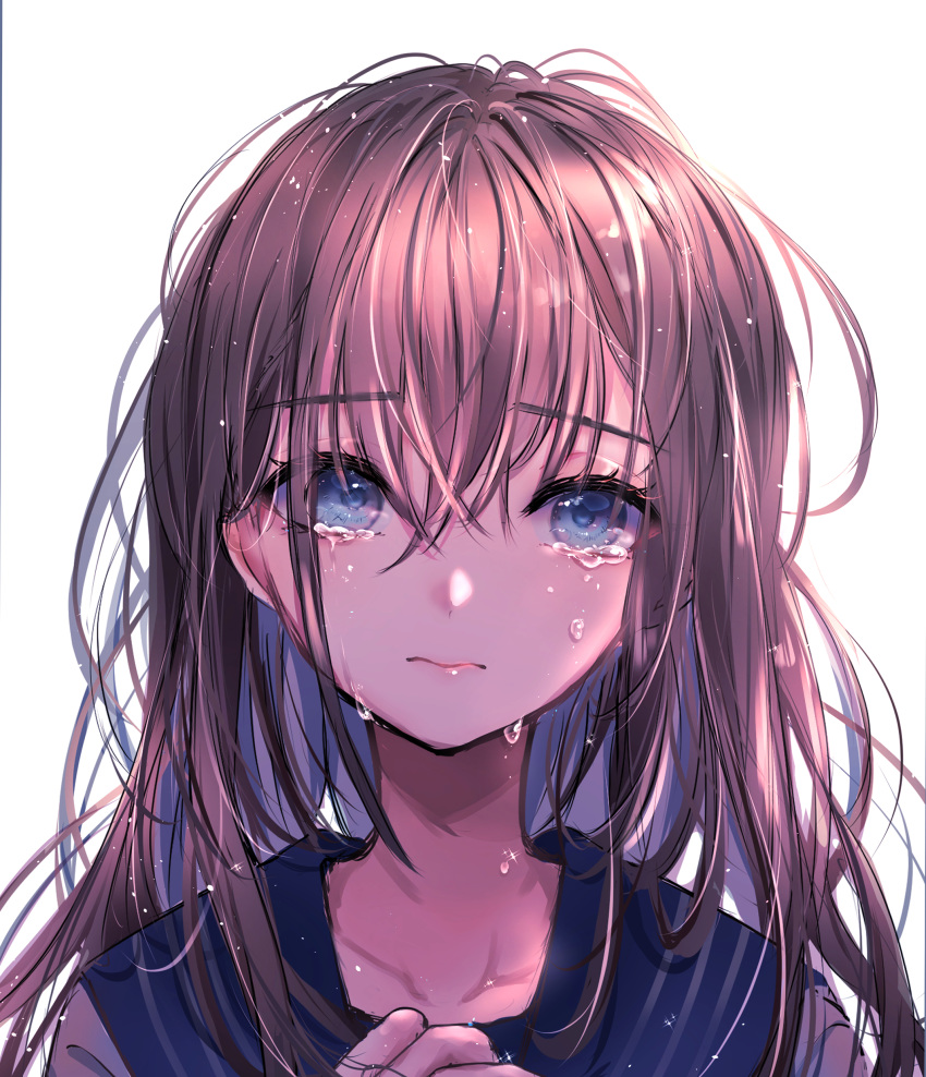 1girl absurdres bangs beni_ttt blue_eyes brown_hair collarbone commentary_request crying eyebrows_visible_through_hair hair_between_eyes highres long_hair looking_at_viewer original sailor_collar shirt simple_background solo tears white_background white_shirt