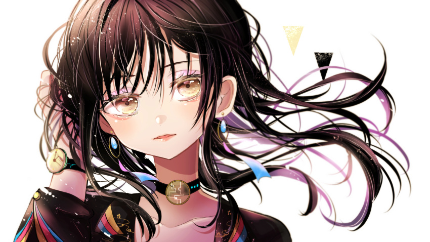 1girl bangs beni_ttt black_choker black_hair black_jacket brown_eyes choker collarbone commentary_request earrings face highres jacket jewelry long_hair looking_at_viewer original parted_lips simple_background solo triangle_print watch watch white_background