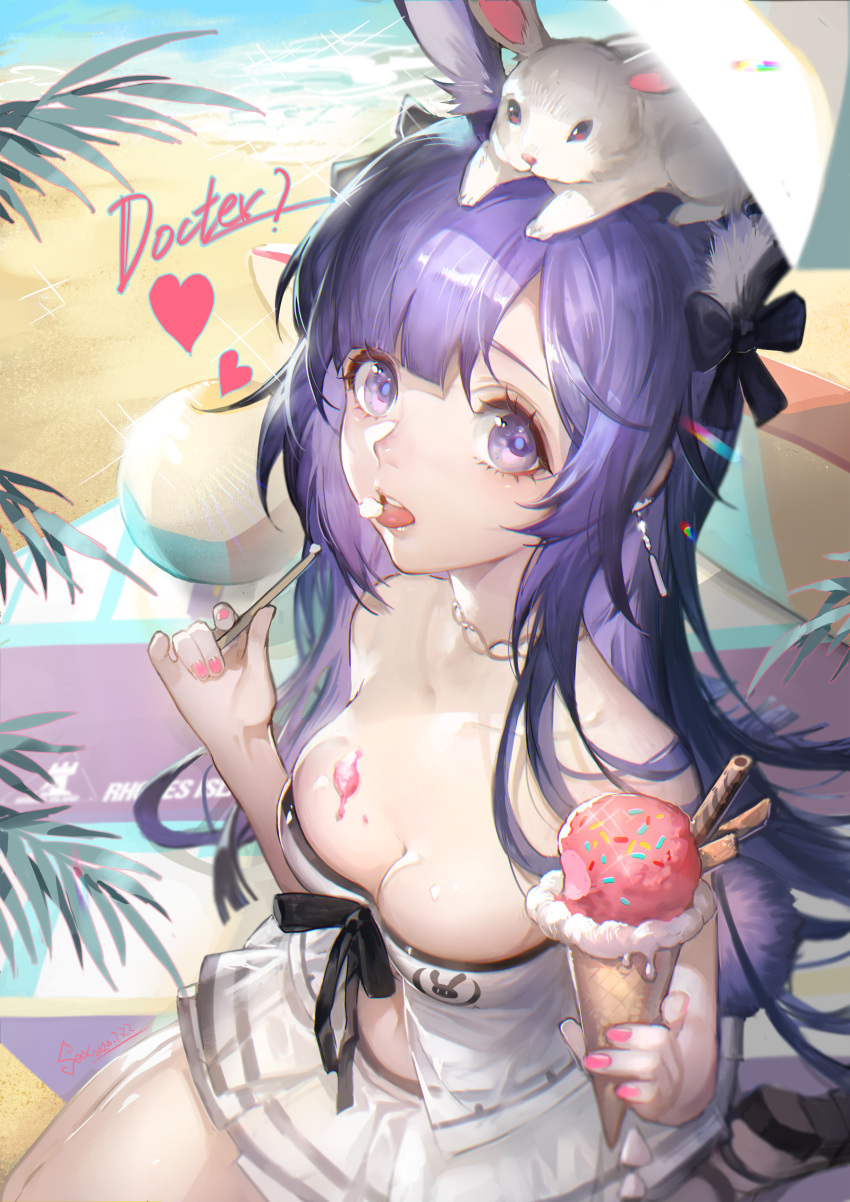 1girl absurdres animal_ear_fluff animal_ears animal_on_head arknights bangs bare_shoulders beach bikini bikini_skirt black_bow bow bunny_tail chinese_commentary commentary_request food hair_bow heart highres holding holding_food ice_cream ice_cream_cone long_hair looking_at_viewer nail_polish on_head open_mouth outdoors pink_nails purple_hair rabbit rabbit_ears rhodes_island_logo rope_(arknights) sitting spade-m strapless strapless_bikini swimsuit tail tongue tongue_out violet_eyes white_bikini