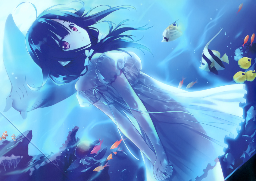 1girl absurdres animal arms_behind_back bangs breasts carnelian closed_mouth dress fish highres kantai_collection long_hair looking_at_viewer looking_back medium_breasts puffy_short_sleeves puffy_sleeves red_eyes scan see-through short_dress short_sleeves smile solo water