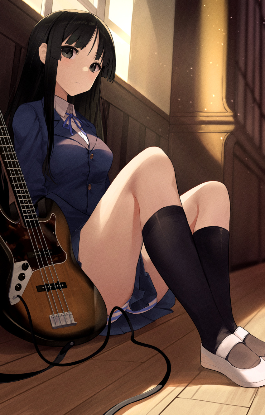 1girl akiyama_mio ass bangs bare_thighs bass_guitar black_hair black_jacket black_legwear blue_neckwear blue_skirt blunt_bangs breasts buttons cabinet cable collared_shirt commentary_request dust_particles expressionless grey_eyes guitar highres indoors instrument jacket k-on! light_rays long_hair looking_at_viewer medium_breasts panties pantyshot pleated_skirt shirt shoes sidelocks sitting skirt solo star741 striped striped_panties sunbeam sunlight thighs underwear uwabaki wall white_footwear white_shirt window wooden_floor