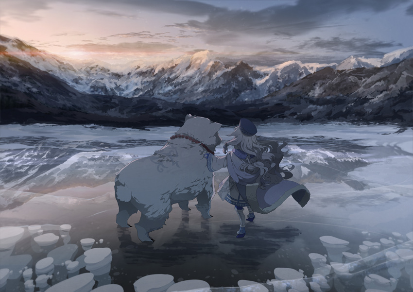 1girl back bear capelet clouds fate/grand_order fate_(series) hat ice illyasviel_von_einzbern jewelry long_hair long_sleeves loyalists mountain mountainous_horizon necklace polar_bear sky solo standing sunlight white_hair