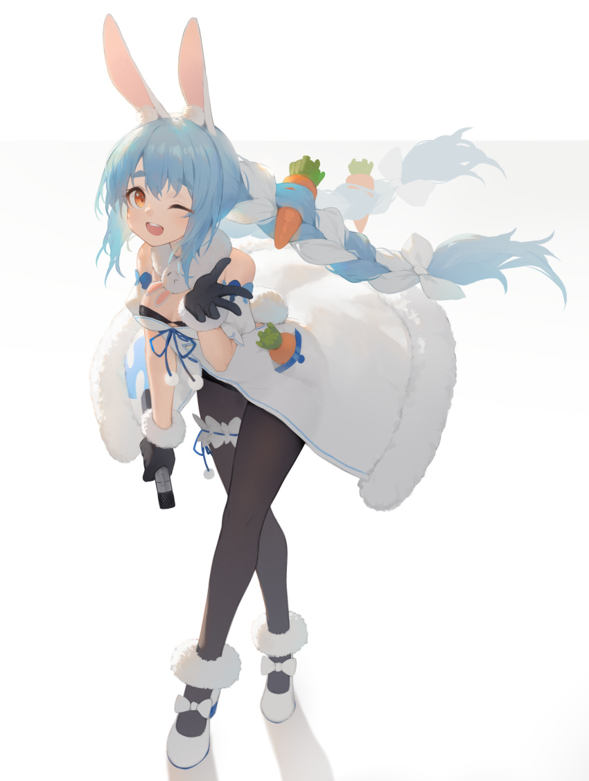 1girl ;d absurdres animal_ear_fluff animal_ears bangs bare_shoulders black_gloves black_legwear black_leotard blue_hair bow braid breasts brown_eyes carrot_hair_ornament commentary_request don-chan_(hololive) dress eyebrows_visible_through_hair food_themed_hair_ornament full_body fur-trimmed_dress fur-trimmed_gloves fur_trim gloves hair_bow hair_ornament highres holding hololive leaning_forward leotard long_hair multicolored_hair one_eye_closed open_mouth pantyhose rabbit_ears shadow shoes short_eyebrows small_breasts smile strapless strapless_dress strapless_leotard thick_eyebrows twin_braids twintails two-tone_hair usada_pekora very_long_hair virtual_youtuber white_bow white_dress white_footwear white_hair yuri_shoutu