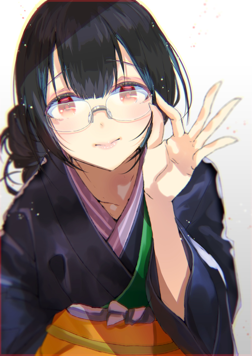 1girl black_hair blue_kimono commentary_request floral_print glasses gradient gradient_background grey_background highres idolmaster idolmaster_shiny_colors japanese_clothes kimono looking_at_viewer morino_rinze obi red_eyes rimless_eyewear sash short_hair solo tied_hair upper_body white_background yae_(mono110)