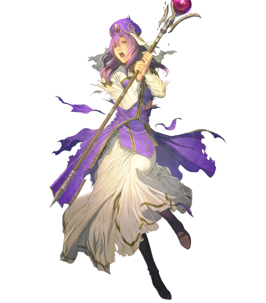1girl boots dress eremiya fire_emblem fire_emblem:_mystery_of_the_emblem fire_emblem_heroes full_body hat highres holding homare_(fool's_art) long_sleeves official_art open_mouth purple_hair solo torn_clothes torn_dress transparent_background violet_eyes