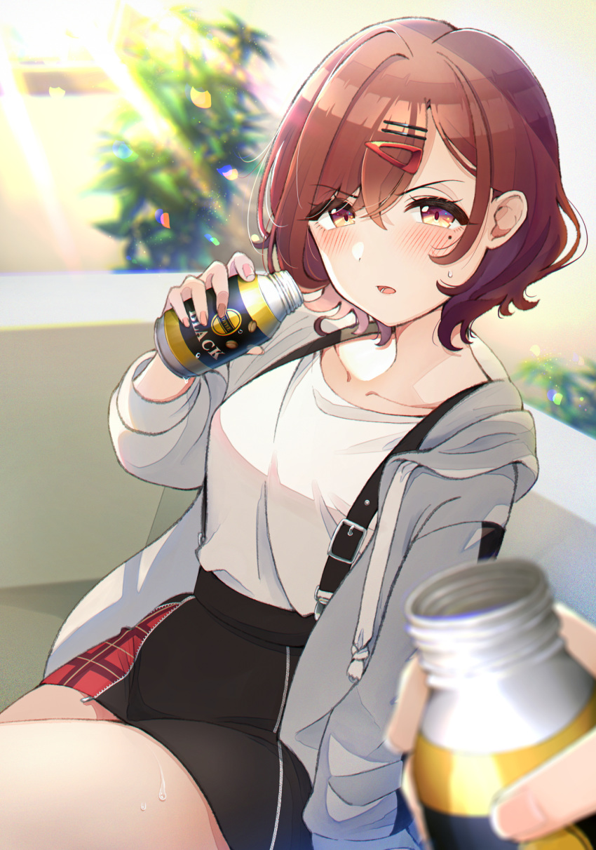 1girl black_skirt blurry blurry_background blush brown_hair can canned_coffee commentary_request grey_jacket hair_ornament hairclip highres higuchi_madoka hood hooded_jacket idolmaster idolmaster_shiny_colors jacket long_sleeves looking_at_viewer mole mole_under_eye open_mouth pov pov_hands shirt short_hair sitting skirt solo_focus sunlight suspender_skirt suspenders umeume_(totoya) violet_eyes white_shirt
