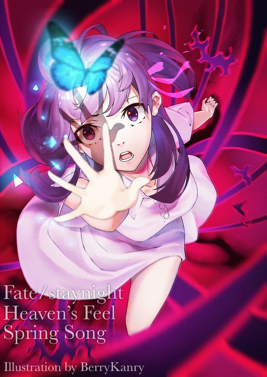 1girl absurdres artist_name berrykanry blurry_foreground bug butterfly copyright_name dress fate/stay_night fate_(series) floating_hair highres insect long_hair looking_up matou_sakura open_mouth outstretched_arm outstretched_hand purple_hair short_sleeves solo violet_eyes white_dress