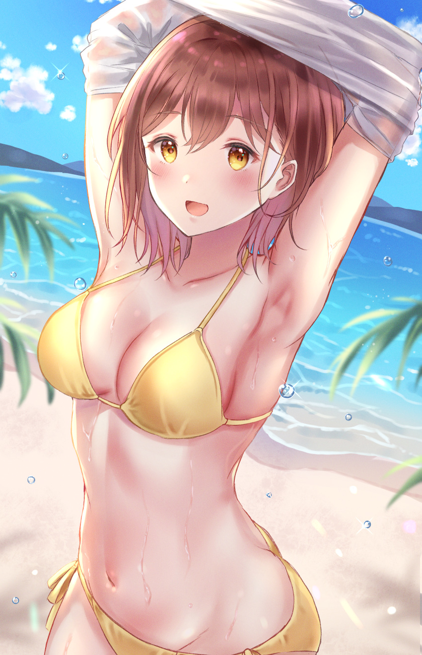 1girl :d absurdres ai_(sigatutoukaa) armpits beach bikini blush breasts brown_hair highres looking_at_viewer navel open_mouth original palm_tree shirt smile solo swimsuit tree undressing water wet wet_clothes wet_shirt yellow_bikini yellow_eyes