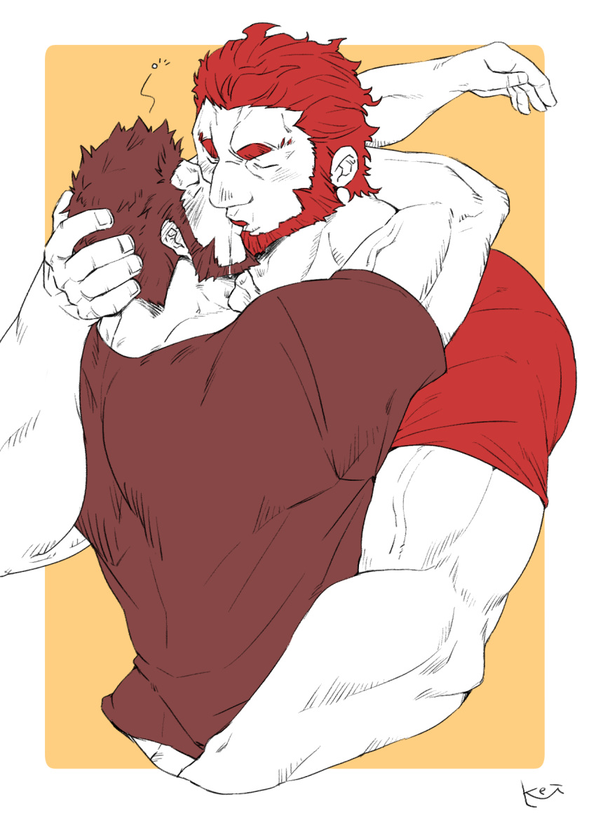 2boys arms_around_neck ass_grab bara beard blush brown_hair closed_eyes couple facial_hair fate/grand_order fate_(series) french_kiss hand_on_another's_head highres iskandar_(fate) k_ei3k kiss male_focus manly multiple_boys muscle napoleon_bonaparte_(fate/grand_order) partially_colored redhead saliva saliva_trail shirt t-shirt upper_body veins yaoi