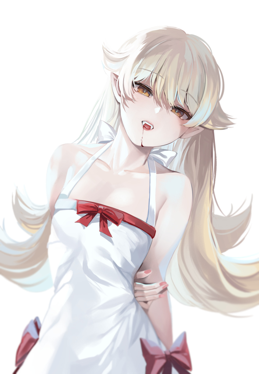1girl absurdres arm_behind_back bangs blonde_hair blood blood_from_mouth blurry bow breasts collarbone commentary depth_of_field dress eyebrows_visible_through_hair fangs flipped_hair hair_flaps hand_on_own_arm highres long_hair looking_at_viewer monogatari_(series) nail_polish open_mouth oshino_shinobu pink_nails pointy_ears red_bow sidelocks simple_background sleeveless sleeveless_dress small_breasts solo sundress tsurime upper_teeth vampire white_background white_bow white_dress yellow_eyes zerocat