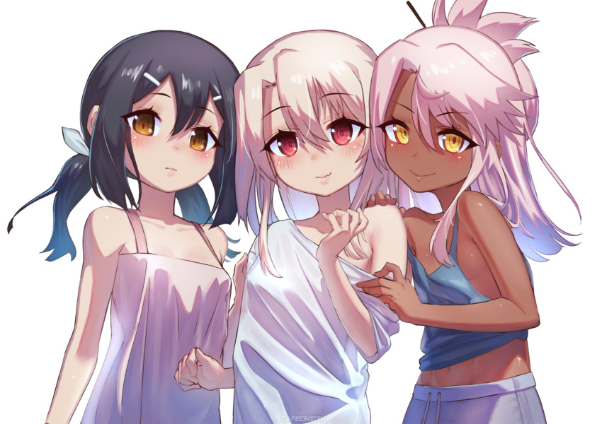 3girls bangs bare_shoulders black_hair blush breasts brown_eyes carbon12th chloe_von_einzbern closed_mouth collarbone fate/kaleid_liner_prisma_illya fate_(series) highres illyasviel_von_einzbern long_hair looking_at_viewer miyu_edelfelt multiple_girls pink_hair red_eyes small_breasts smile white_background white_hair yellow_eyes