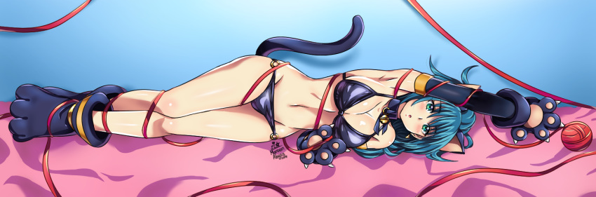 animal_ears bell bikini black_swimsuit blue_eyes blue_hair blush breasts cat cat_ears cat_girl cat_paws cat_tail jingle_bell leona_heidern maroonabyss paws ponytail ribbon snk snk_heroines:_tag_team_frenzy swimsuit tail the_king_of_fighters
