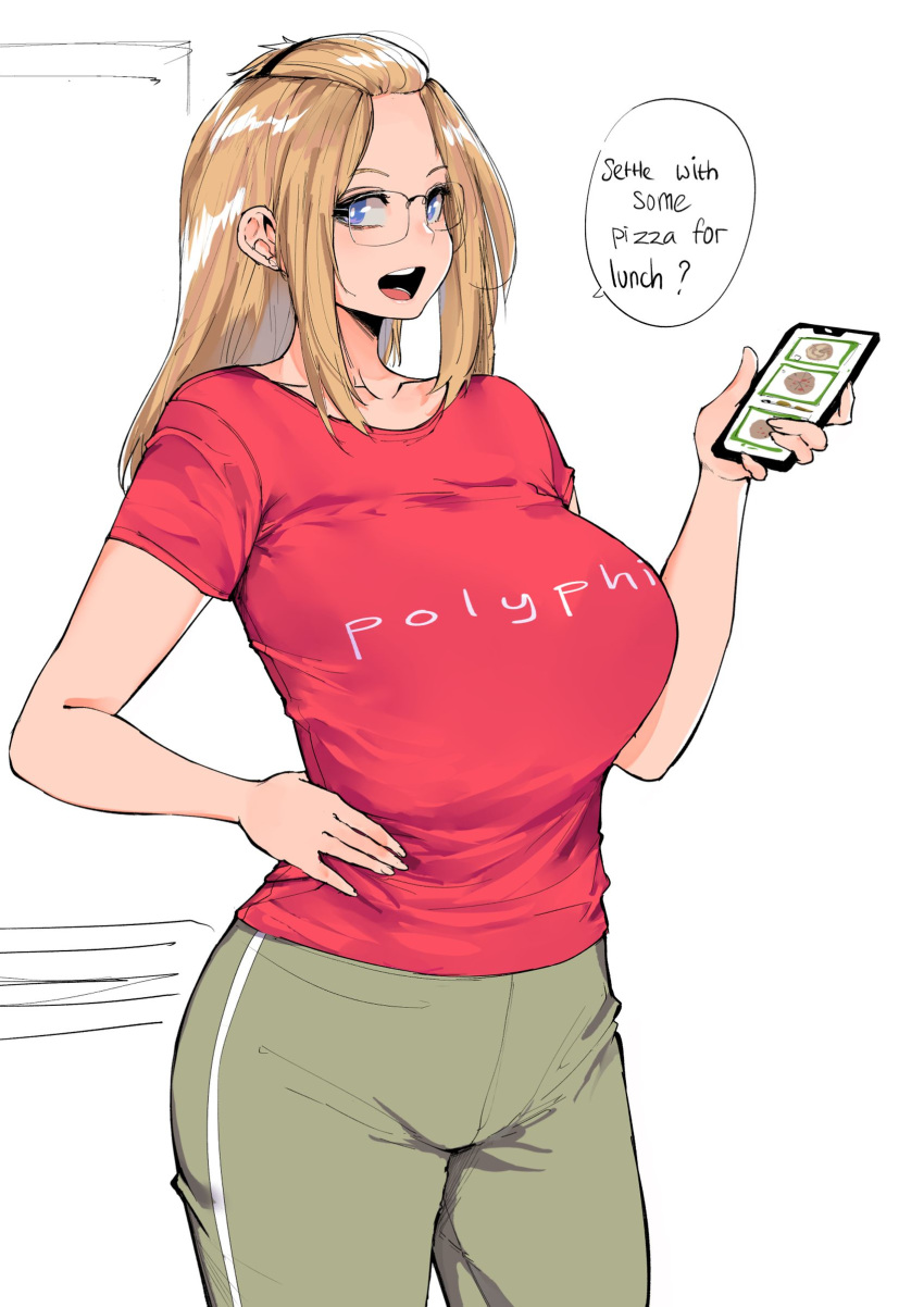 1girl absurdres bangs_pinned_back blonde_hair blue_eyes breasts cellphone english_commentary english_text folded_hair glasses green_pants hair_pulled_back hand_on_hip highres holding holding_phone inne_sulistya_robin large_breasts long_hair looking_to_the_side norman_maggot open_mouth original pants phone red_shirt shirt short_sleeves sidelocks smartphone speech_bubble standing
