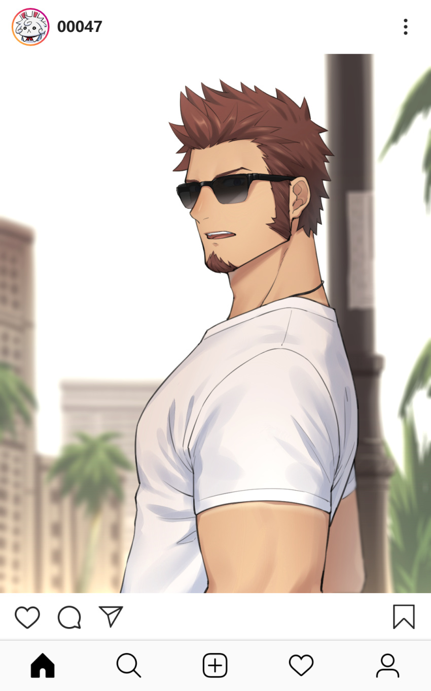 1boy 47 beard biceps blue_eyes brown_hair chest facial_hair fate/grand_order fate_(series) fou_(fate/grand_order) glasses highres looking_at_viewer male_focus muscle napoleon_bonaparte_(fate/grand_order) open_mouth pole shirt short_sleeves sideburns simple_background solo upper_body white_shirt