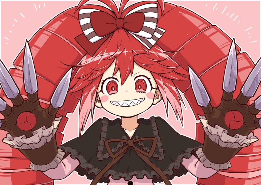 1girl antenna_hair black_bow blush_stickers bow capelet claws doll_joints drill_hair frills grin hair_bow hands_up highres joints long_hair looking_at_viewer micha_jawkan oninamako pink_background pink_shirt red_bow red_eyes redhead ringed_eyes senki_zesshou_symphogear sharp_teeth shirt simple_background smile solo striped striped_bow teeth twin_drills upper_body wrist_cuffs
