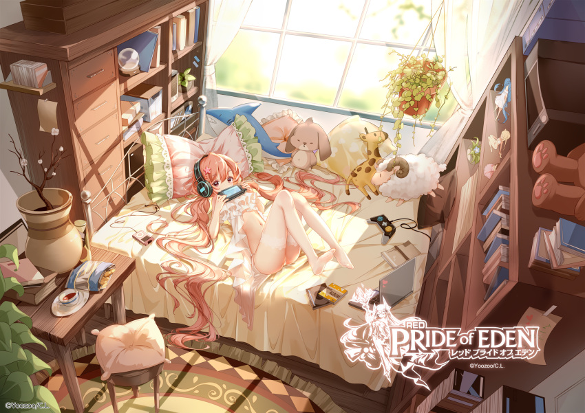 1girl ass babydoll bed cd_case clouble computer covering_mouth digital_media_player evante_(pride_of_eden) frills hair_ornament handheld_game_console headphones highres holding indoors ipod laptop legs_up lingerie long_hair looking_at_viewer low_twintails lying navel no_shoes official_art on_back on_bed panties pillow pink_hair plant playstation_portable potted_plant pride_of_eden red_eyes shelf side-tie_panties solo star_(symbol) star_hair_ornament stomach stool stuffed_animal stuffed_dog stuffed_horse stuffed_shark stuffed_sheep stuffed_toy sunlight table thigh-highs twintails underwear underwear_only vase very_long_hair watermark wavy_hair white_legwear window window_shade