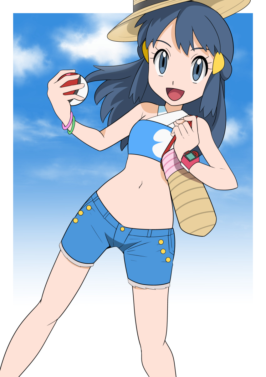 1girl :d bag bangle bangs black_hair blue_shorts border bracelet brown_bag brown_headwear buttons eyelashes grey_eyes hainchu hair_ornament hairclip handbag hands_up hat hat_ribbon highres hikari_(pokemon) holding holding_poke_ball jewelry long_hair navel open_mouth outside_border poke_ball poke_ball_(basic) pokemon pokemon_(game) pokemon_bdsp poketch ribbon shorts sidelocks smile solo tongue watch watch white_border