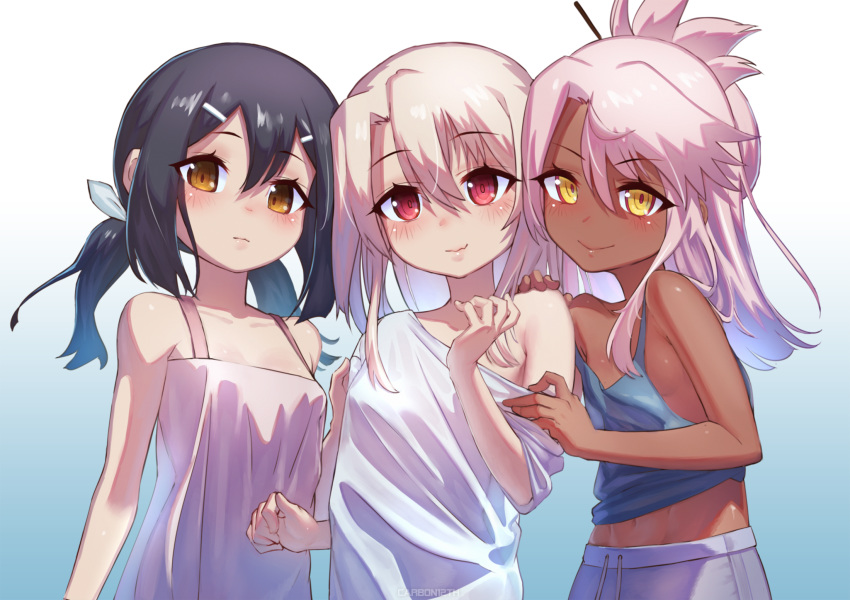 3girls bangs bare_shoulders black_hair blush breasts brown_eyes carbon12th chloe_von_einzbern closed_mouth collarbone fate/kaleid_liner_prisma_illya fate_(series) gradient gradient_background highres illyasviel_von_einzbern long_hair looking_at_viewer miyu_edelfelt multiple_girls pink_hair red_eyes small_breasts smile white_hair yellow_eyes