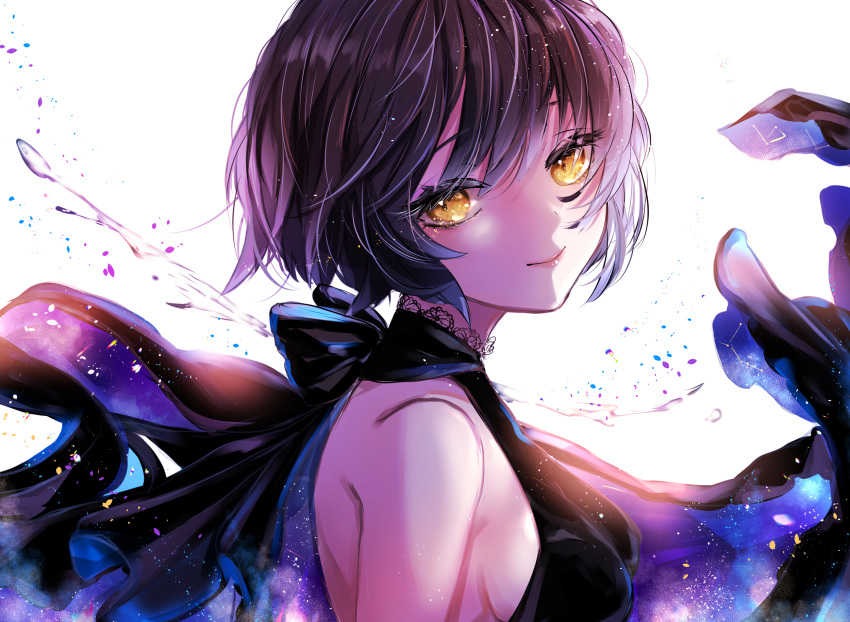 1girl bangs bare_shoulders beni_ttt black_dress black_hair black_ribbon brown_hair dress from_side highres looking_at_viewer multicolored multicolored_clothes multicolored_dress original ribbon short_hair sleeveless sleeveless_dress smile solo starry_sky_print white_background yellow_eyes