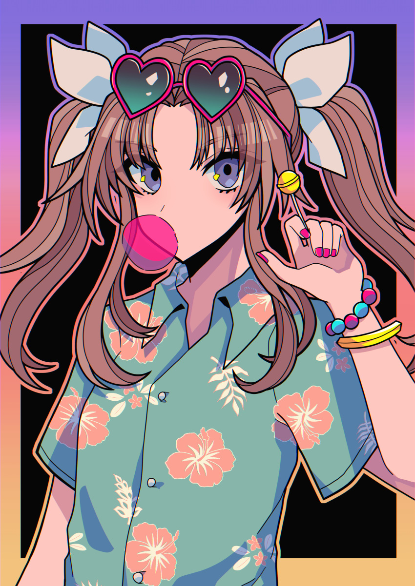 1girl absurdres alternate_costume bangs bracelet bubble_blowing candy chewing_gum eyebrows_visible_through_hair eyewear_on_head floral_print food hair_ribbon hawaiian_shirt highres jewelry kagerou_(kantai_collection) kantai_collection lollipop long_hair nail_polish pink_nails ribbon rirashi shirt short_sleeves simple_background solo twintails upper_body violet_eyes white_ribbon