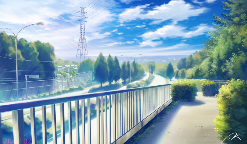 blue_sky building bush clouds dated day fence highres hill lamppost light_particles light_rays no_humans nzwt original pavement power_lines railing road road_sign scenery sign signature sky sunbeam sunlight tokyo_(city) transmission_tower tree