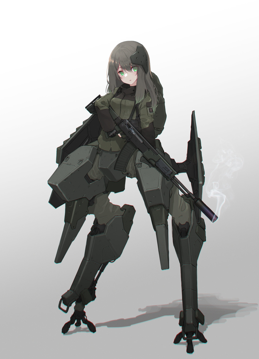 1girl absurdres assault_rifle backpack bag brown_hair chromatic_aberration commentary_request digitigrade eyebrows_visible_through_hair eyes_visible_through_hair fingerless_gloves full_body gloves gradient gradient_background green_eyes green_jacket grey_background gun highres jacket looking_at_viewer mecha_musume mechanical_legs oota_youjo original rifle shadow smoke smoking_gun solo standing suppressor trigger_discipline weapon weapon_request