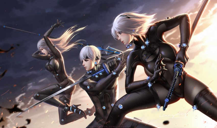 1boy 2girls arms_up black_bodysuit black_hairband blue_eyes bodysuit boots breasts cleavage_cutout fighting_stance gantz gantz_suit gloves hairband headband high_heels highres holding holding_lance holding_sword holding_weapon katana large_breasts latex_bodysuit liang_xing lips long_hair mole mole_under_mouth multiple_girls nier_(series) nier_automata no_blindfold open_mouth outdoors profile short_hair silver_hair skin_tight sword thigh-highs thigh_boots weapon yorha_no._2_type_b yorha_no._9_type_s yorha_type_a_no._2