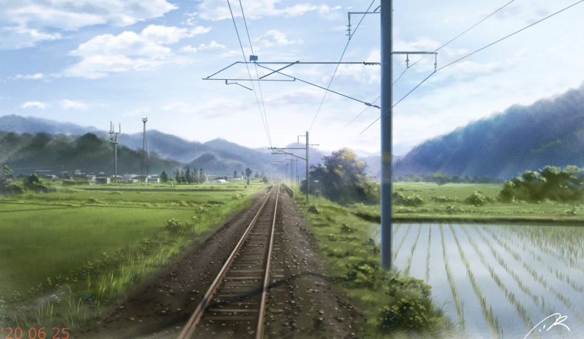 building bush clouds commentary_request dated day field grass highres house landscape mountain mountainous_horizon no_humans nzwt original outdoors overhead_line power_lines radio_tower railroad_tracks rice_paddy rural scenery signature sky tree vanishing_point water