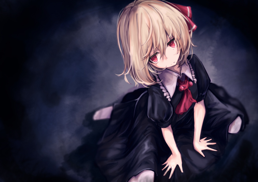 1girl ascot black_background black_dress blonde_hair blurry closed_mouth depth_of_field dress expressionless from_above hair_between_eyes hair_ribbon half-closed_eyes highres lit_ter looking_away looking_to_the_side puffy_short_sleeves puffy_sleeves red_eyes red_neckwear red_ribbon ribbon rumia short_hair short_sleeves sitting sitting_on_floor solo touhou tress_ribbon wariza