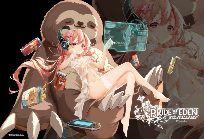 1girl babydoll black_background can chips closed_mouth clouble crossed_legs evante_(pride_of_eden) food frills hair_ornament hand_on_own_cheek headphones highres lingerie long_hair looking_at_viewer low_twintails navel no_shoes official_art panties pink_hair potato_chips pride_of_eden red_eyes see-through side-tie_panties sitting soda_can solo star_(symbol) star_hair_ornament stomach stuffed_animal stuffed_sloth stuffed_toy thigh-highs thighs twintails underwear underwear_only very_long_hair watermark white_legwear wrist_cuffs zoom_layer