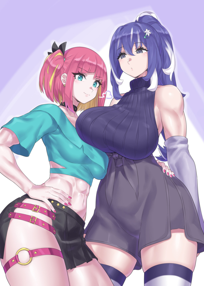 2girls abs aqua_eyes arm_around_waist asymmetrical_docking blonde_hair blush breast_press breasts cowboy_shot grey_eyes hand_on_another's_hip high-waist_skirt highres large_breasts long_hair medium_breasts mizuumi_(bb) multicolored_hair multiple_girls muscle muscular_female original pink_hair purple_hair short_hair side_ponytail skirt smile streaked_hair thigh-highs thigh_strap two-tone_hair white_hair yuri