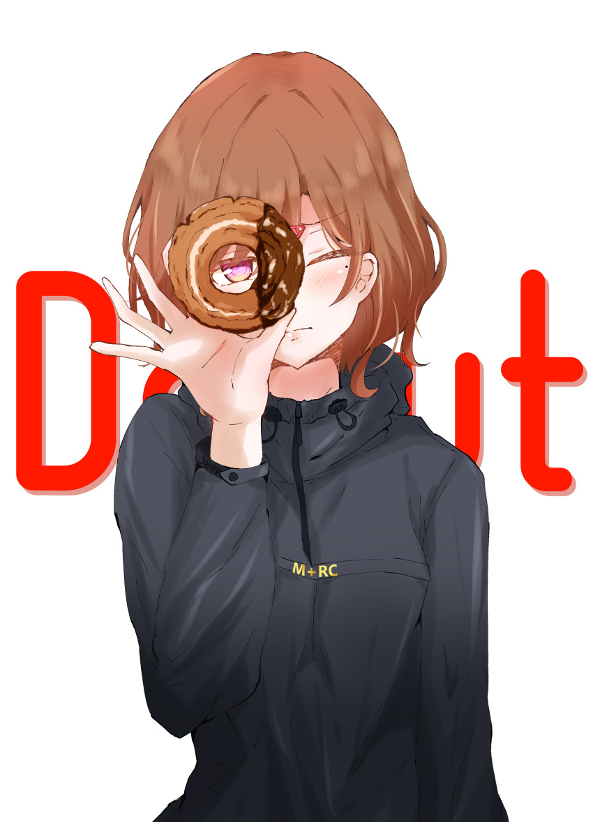 1girl artist_request black_jacket blush brown_hair commentary_request doughnut food hair_ornament hairclip highres higuchi_madoka holding holding_food idolmaster idolmaster_shiny_colors jacket long_sleeves looking_at_viewer mole mole_under_eye one_eye_closed short_hair solo sweatshirt violet_eyes white_background