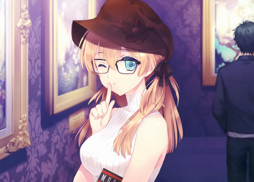 1boy 1girl absurdres bangs bare_shoulders black-framed_eyewear blonde_hair blue_eyes bow bowtie breasts carnelian character_request eyebrows_visible_through_hair finger_to_mouth glasses hat highres index_finger_raised indoors kantai_collection long_hair looking_at_viewer medium_breasts museum one_eye_closed painting_(object) parted_lips scan shiny shiny_hair shiny_skin shushing sleeveless tied_hair turtleneck upper_body