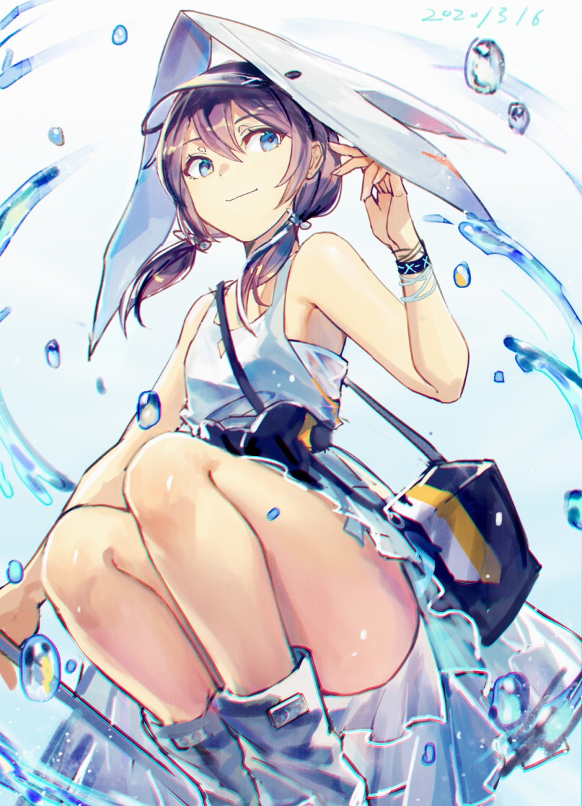 1girl arknights armpit_crease bag bare_legs blue_eyes boots bracelet breasts brown_hair chinese_commentary closed_mouth commentary dated dress hair_between_eyes highres jewelry legs_together light_smile looking_to_the_side medium_hair mento off-shoulder_dress off_shoulder purestream_(arknights) shoulder_bag simple_background sleeveless small_breasts smile solo squatting tank_top thighs twintails visor_cap water water_drop white_background white_dress white_footwear white_headwear white_tank_top wristband