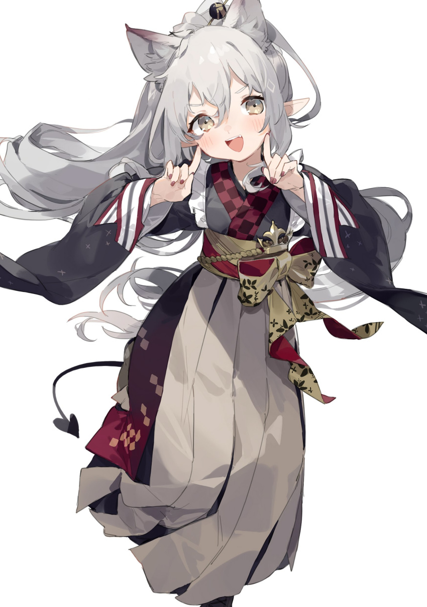 1girl absurdres animal_ears blush demon_tail emma_august fang feet_out_of_frame fingers_to_cheeks grey_hair hair_between_eyes hair_ornament hair_stick highres index_finger_raised japanese_clothes kimono long_hair long_sleeves nijisanji obi open_mouth pointy_ears ponytail sash sh_(562835932) simple_background smile solo tail teeth very_long_hair virtual_youtuber white_background wide_sleeves wolf_ears yellow_eyes