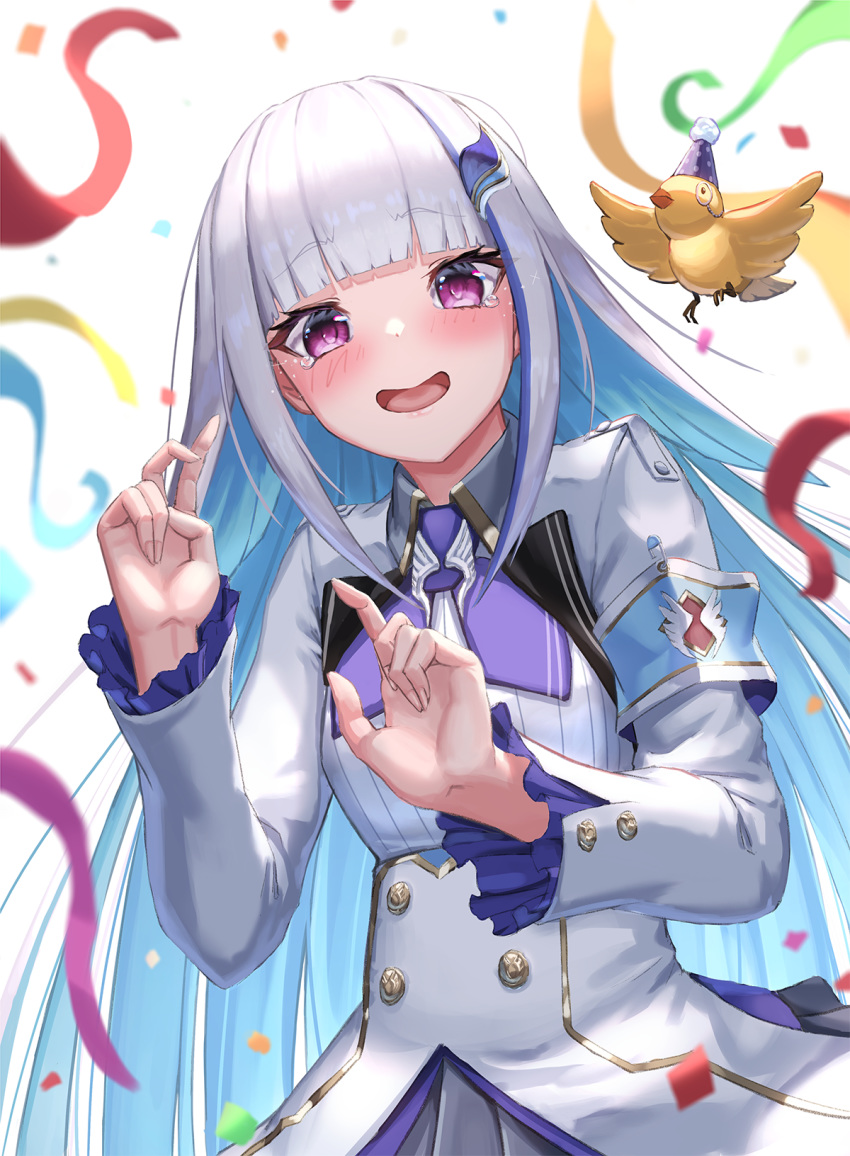 1girl armband bangs bird blue_hair blunt_bangs blush breasts commentary confetti crying crying_with_eyes_open double-breasted eyebrows_visible_through_hair hair_ornament happy_tears hat highres jacket lips lize_helesta long_hair looking_at_viewer multicolored_hair nekoneko_jun2_123 nijisanji open_mouth party_hat pink_eyes ribbon sebastian_piyodore shirt silver_hair simple_background small_breasts smile solo streaked_hair tears two-tone_hair uniform upper_body virtual_youtuber white_background white_jacket white_shirt wing_collar